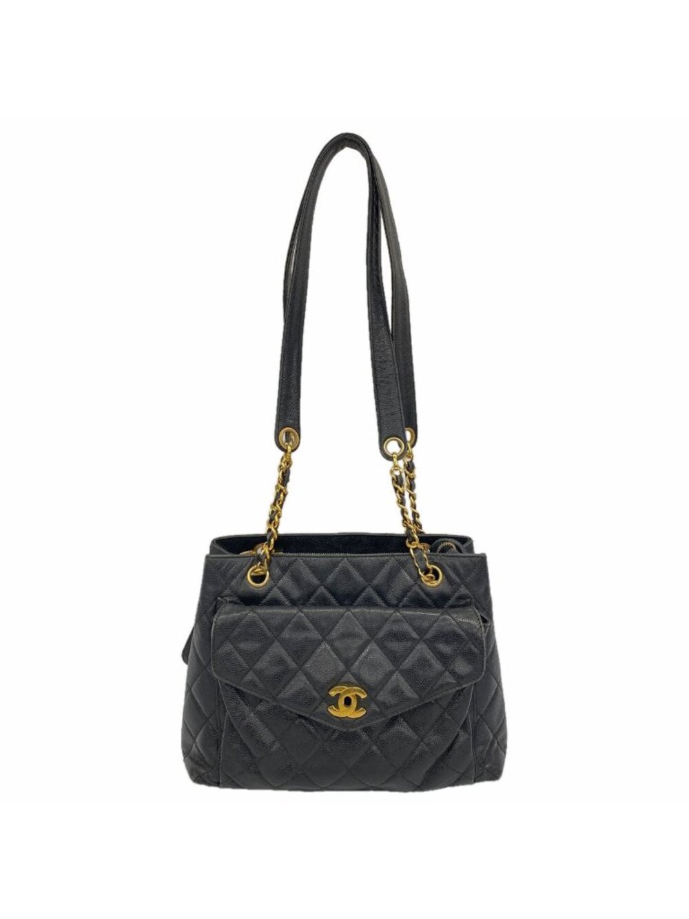 Chanel Chain Tote Bag Quilted Caviar Leather Black Gold